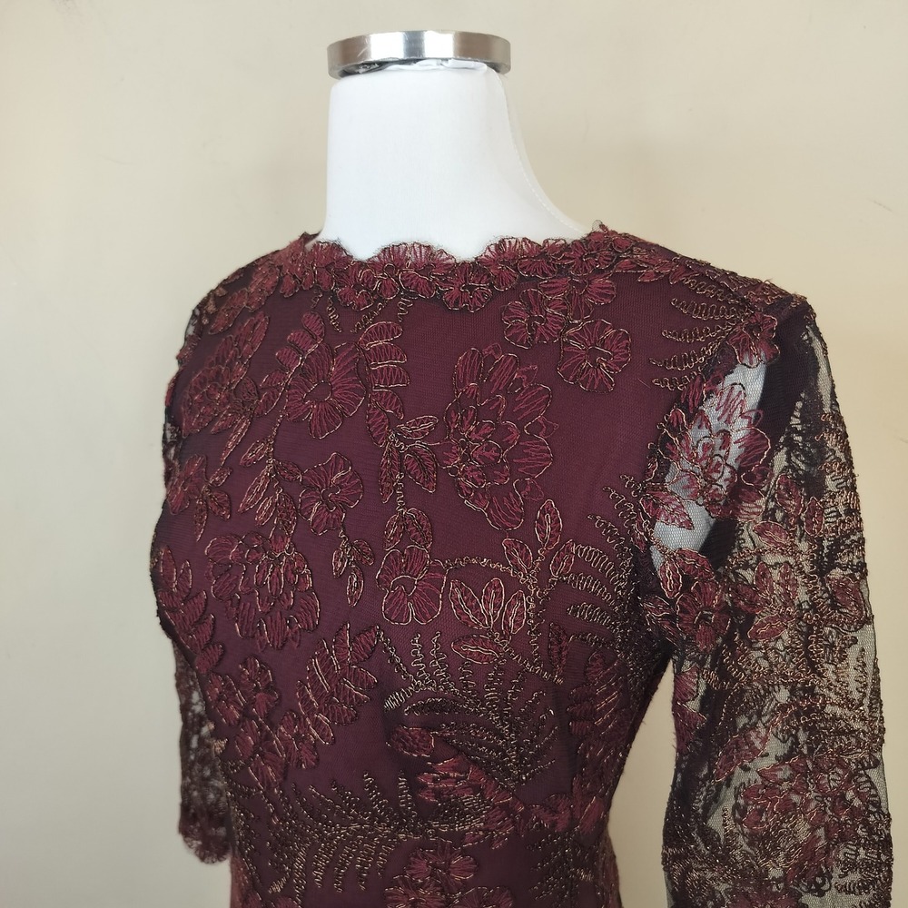 Tadashi Shoji Lace Embroidered Sheath Dress 2 Sheer Overlay Cocktail Raisin - Picture 4 of 14